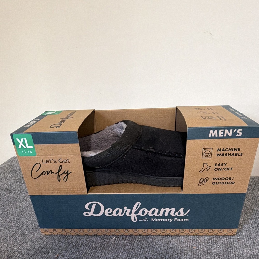 Dearfoams Men's Memory Foam Slip-On Slippers Machine Washable Black XL 13-14